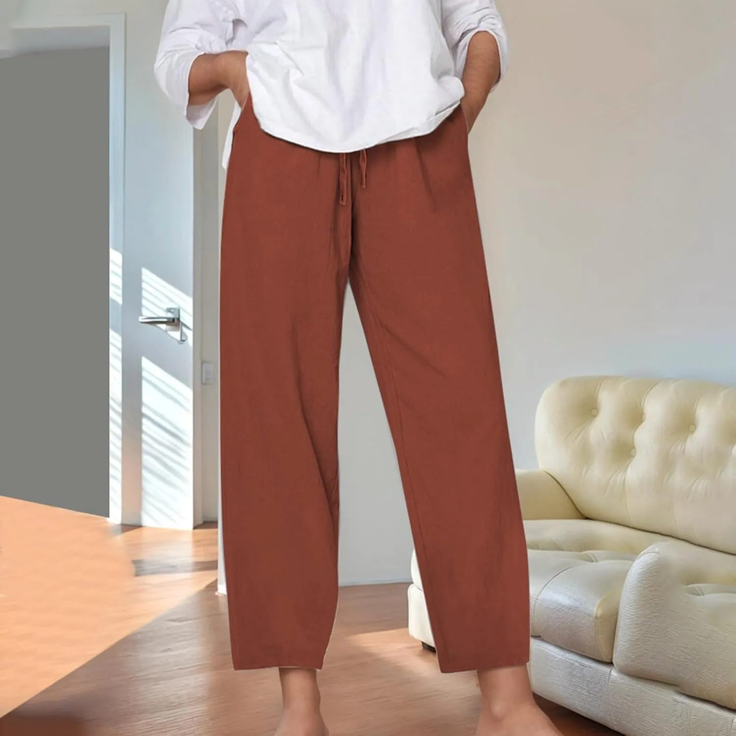 Cotton Linen Pants for Women Summer Casual Capri Pants Waist Elastic Comfy Loose Women's Palazzo Trousers with Pockets