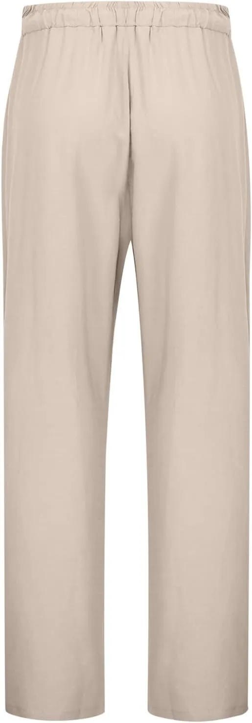 Cotton Linen Pants for Women Summer Casual Capri Pants Waist Elastic Comfy Loose Women's Palazzo Trousers with Pockets