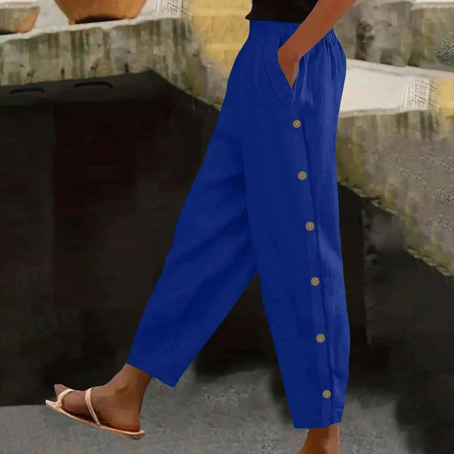 Cotton Linen Pants for Women Wide Straight Leg Side Button Pant Teen Girls 2025 Baggy Elastic Waist Comfy Crop Trouser