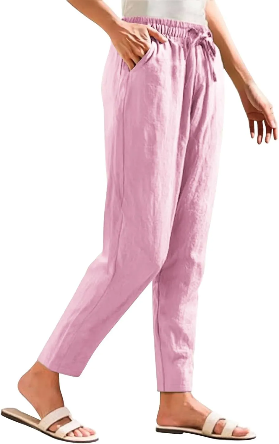 Cotton Linen Pants Women Lightweight Summer Joggers Drawstring Straight Leg Trousers Casual Beach Pants with Pockets