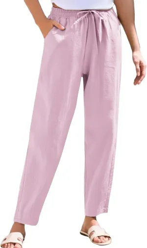 Cotton Linen Pants Women Lightweight Summer Joggers Drawstring Straight Leg Trousers Casual Beach Pants with Pockets