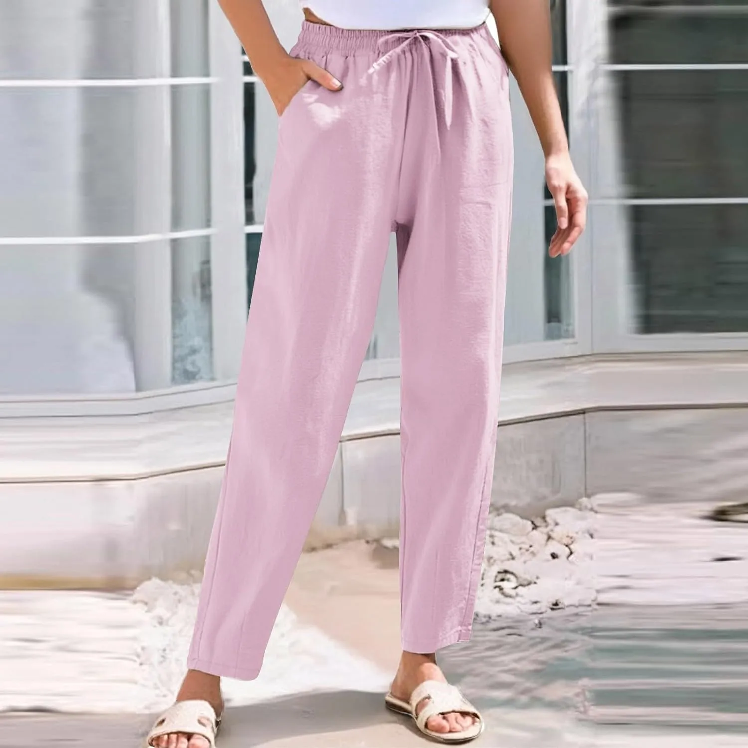 Cotton Linen Pants Women Lightweight Summer Joggers Drawstring Straight Leg Trousers Casual Beach Pants with Pockets