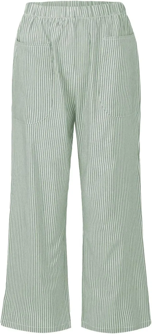 Cotton Striped Linen Pants for Women Loose Fit Summer 2025 with Pocket Wide Leg Trousers Casual Beach Vacation Travel Pants