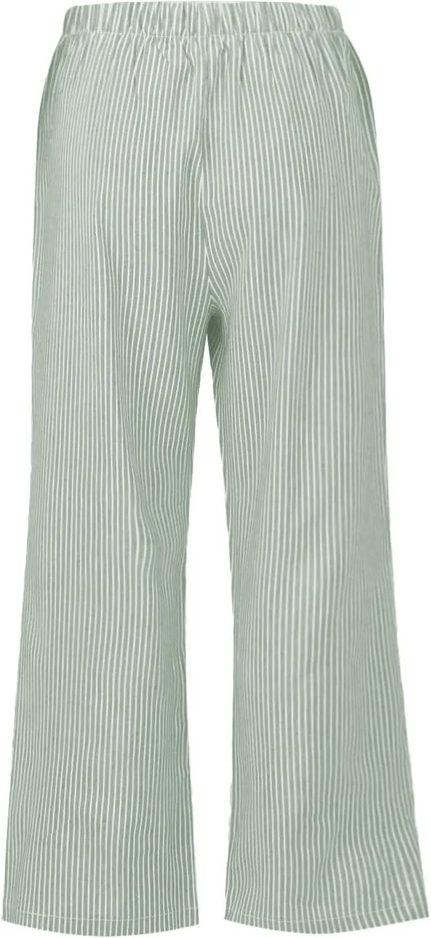 Cotton Striped Linen Pants for Women Loose Fit Summer 2025 with Pocket Wide Leg Trousers Casual Beach Vacation Travel Pants