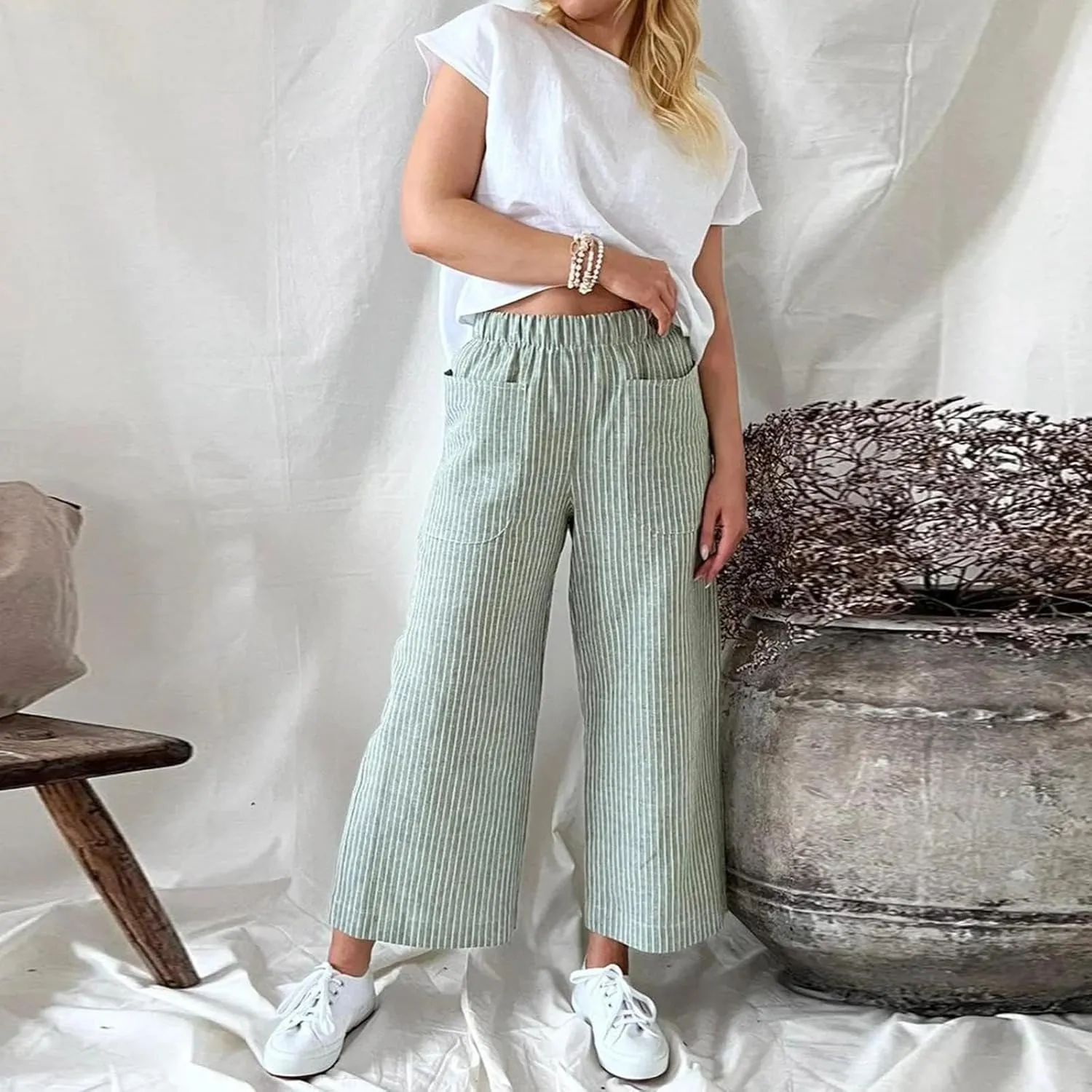 Cotton Striped Linen Pants for Women Loose Fit Summer 2025 with Pocket Wide Leg Trousers Casual Beach Vacation Travel Pants