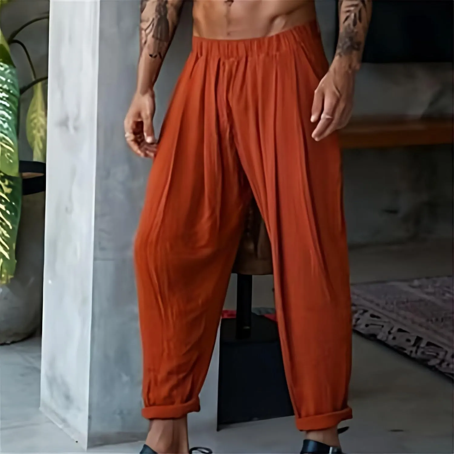 CRNTCEM Loose Fit Beach Pants for Men Drastring Pant Lightweight Summer Casual Linen Pant Elastic Waist Sports Golf Sweatpant