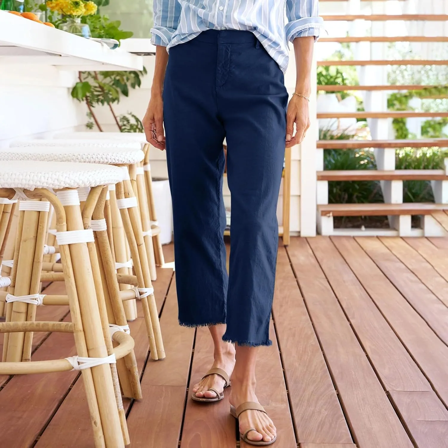Cropped Linen Pants Women Dressy High Waisted Raw Hem Teacher Pants Summer Casual Summer Capris with Pockets