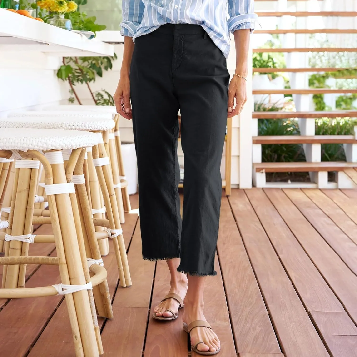 Cropped Linen Pants Women Dressy High Waisted Raw Hem Teacher Pants Summer Casual Summer Capris with Pockets