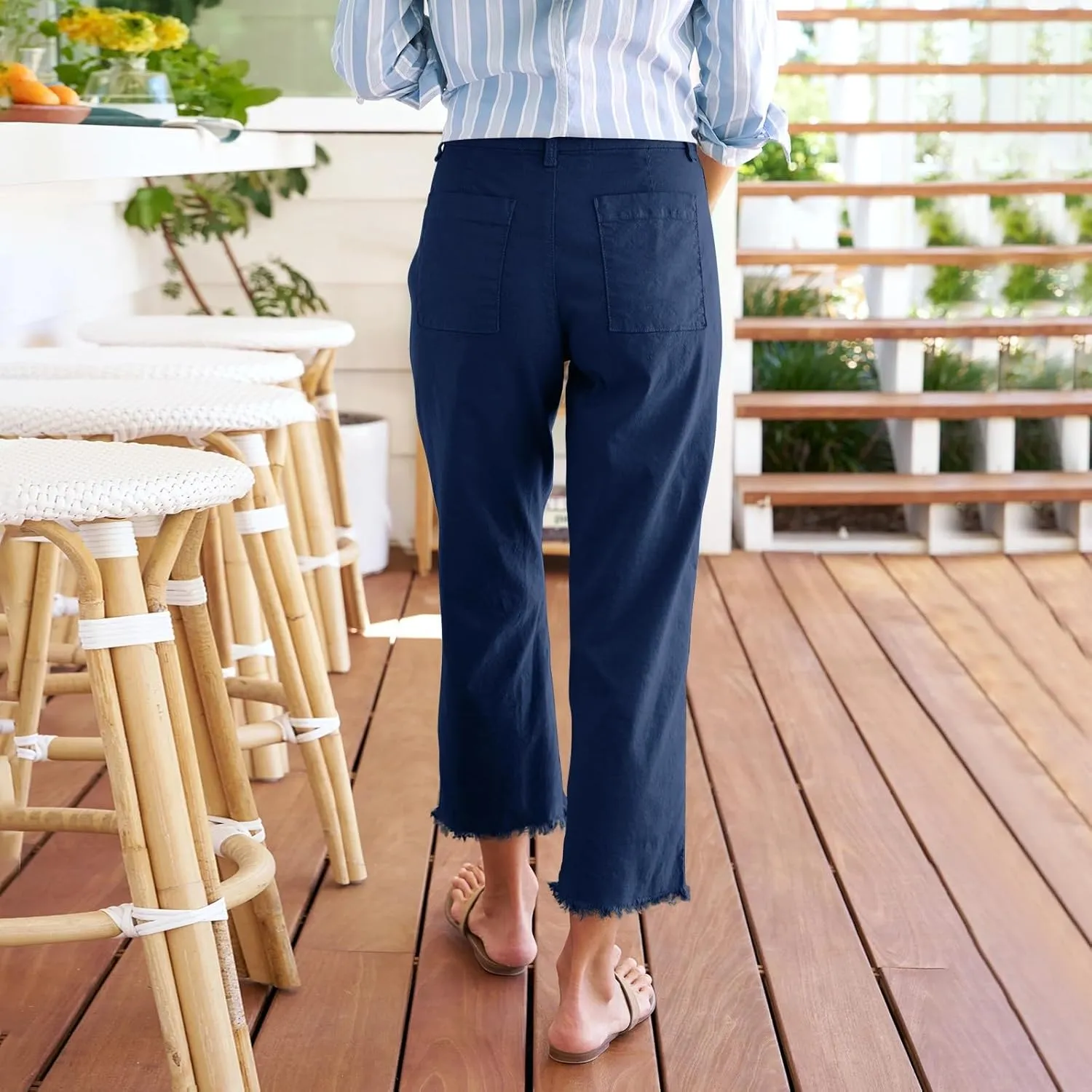 Cropped Linen Pants Women Dressy High Waisted Raw Hem Teacher Pants Summer Casual Summer Capris with Pockets