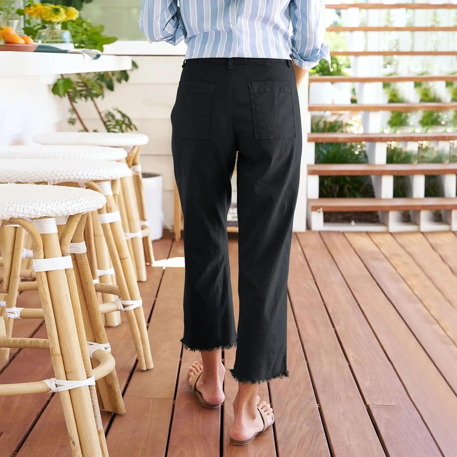 Cropped Linen Pants Women Dressy High Waisted Raw Hem Teacher Pants Summer Casual Summer Capris with Pockets