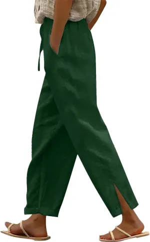 Cropped Linen Pants Women Summer Drawstring High Waisted Crop Lounge Pants Split Straight Leg Beach Pants with Pocket
