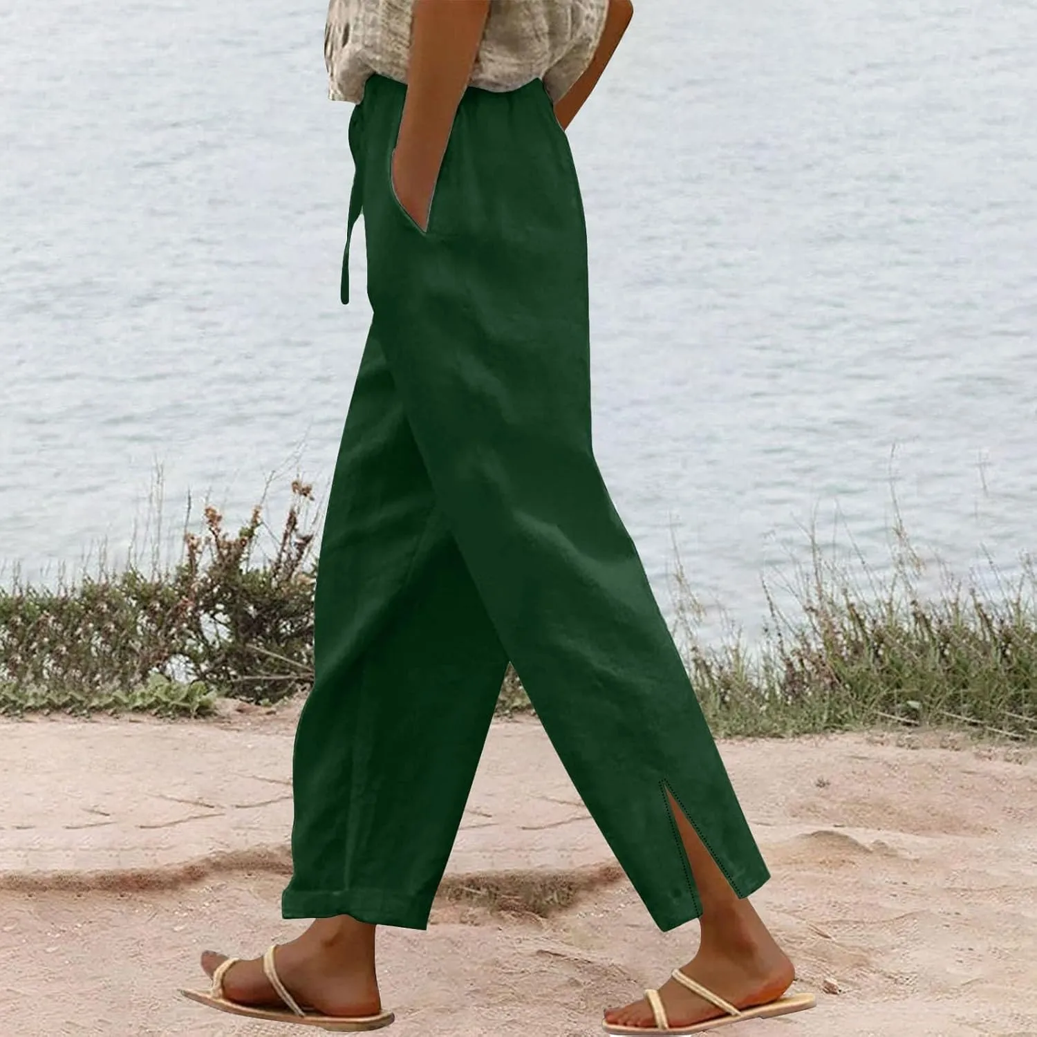 Cropped Linen Pants Women Summer Drawstring High Waisted Crop Lounge Pants Split Straight Leg Beach Pants with Pocket