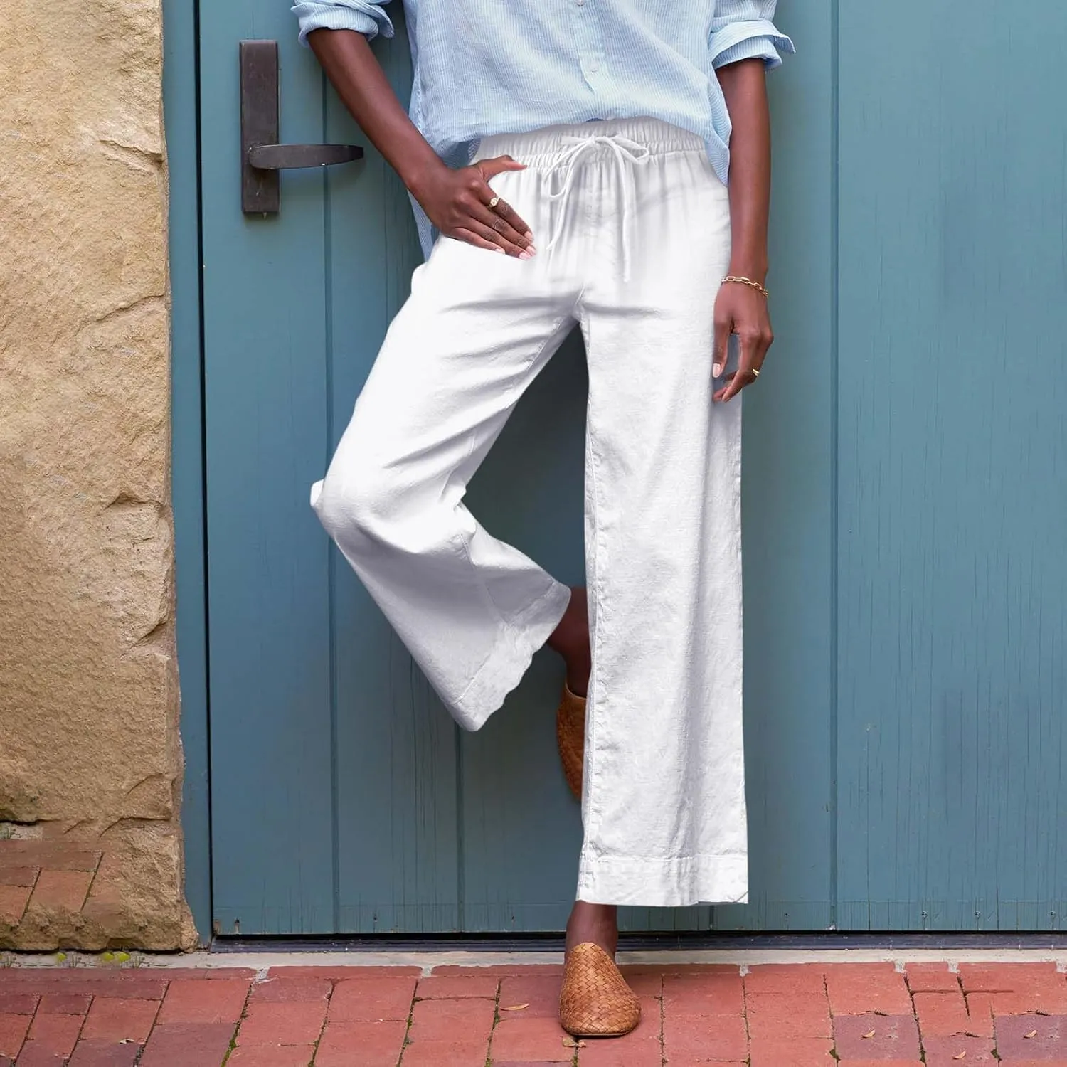 Cropped Linen Pants Women Summer Drawstring High Waisted Crop Palazzo Pants Dressy Casual Work Capris with Pockets