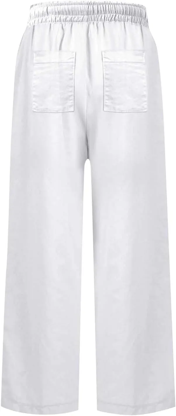 Cropped Linen Pants Women Summer Drawstring High Waisted Crop Palazzo Pants Dressy Casual Work Capris with Pockets