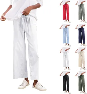 Cropped Linen Pants Women Summer Drawstring High Waisted Crop Palazzo Pants Dressy Casual Work Capris with Pockets