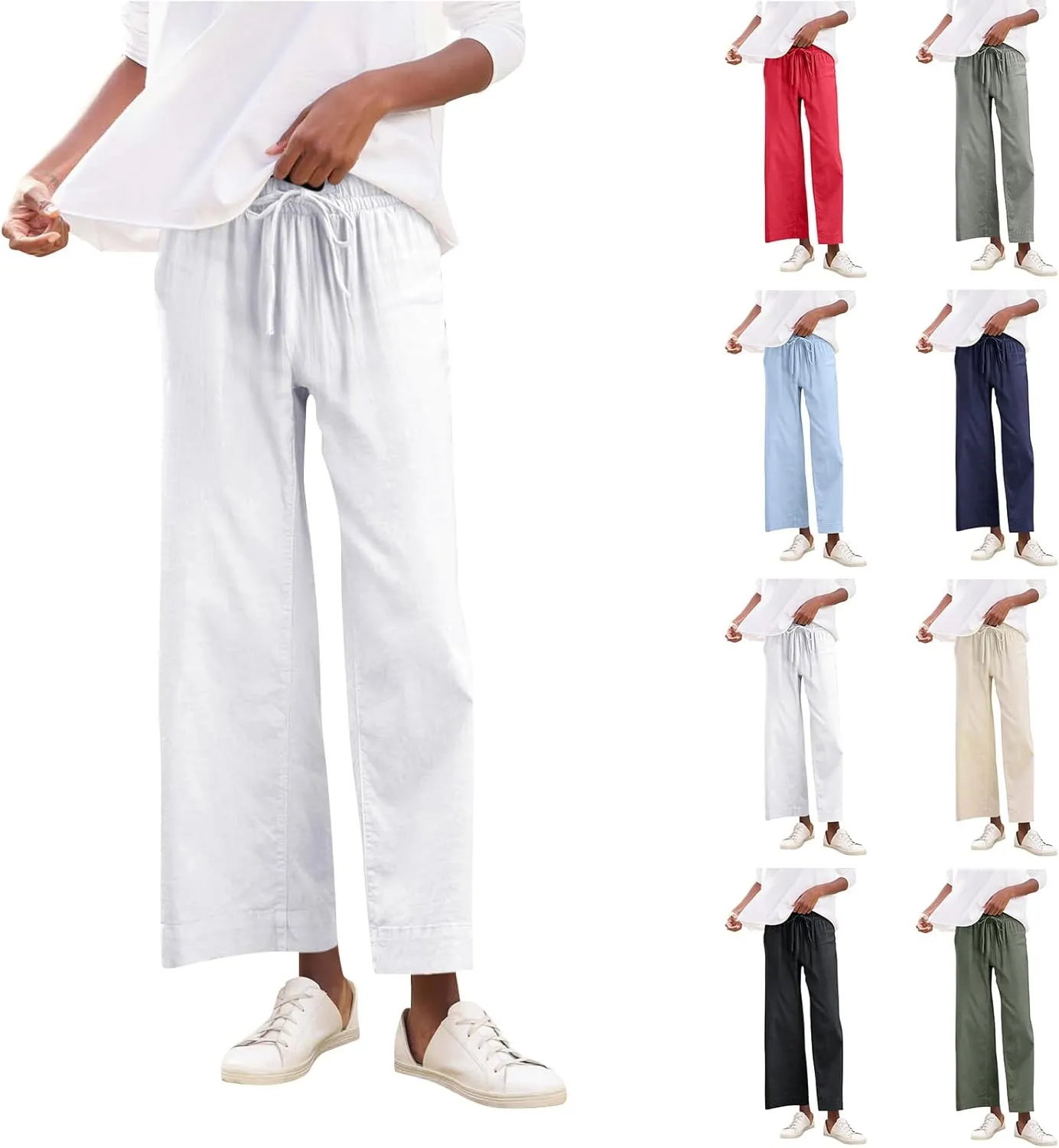 Cropped Linen Pants Women Summer Drawstring High Waisted Crop Palazzo Pants Dressy Casual Work Capris with Pockets