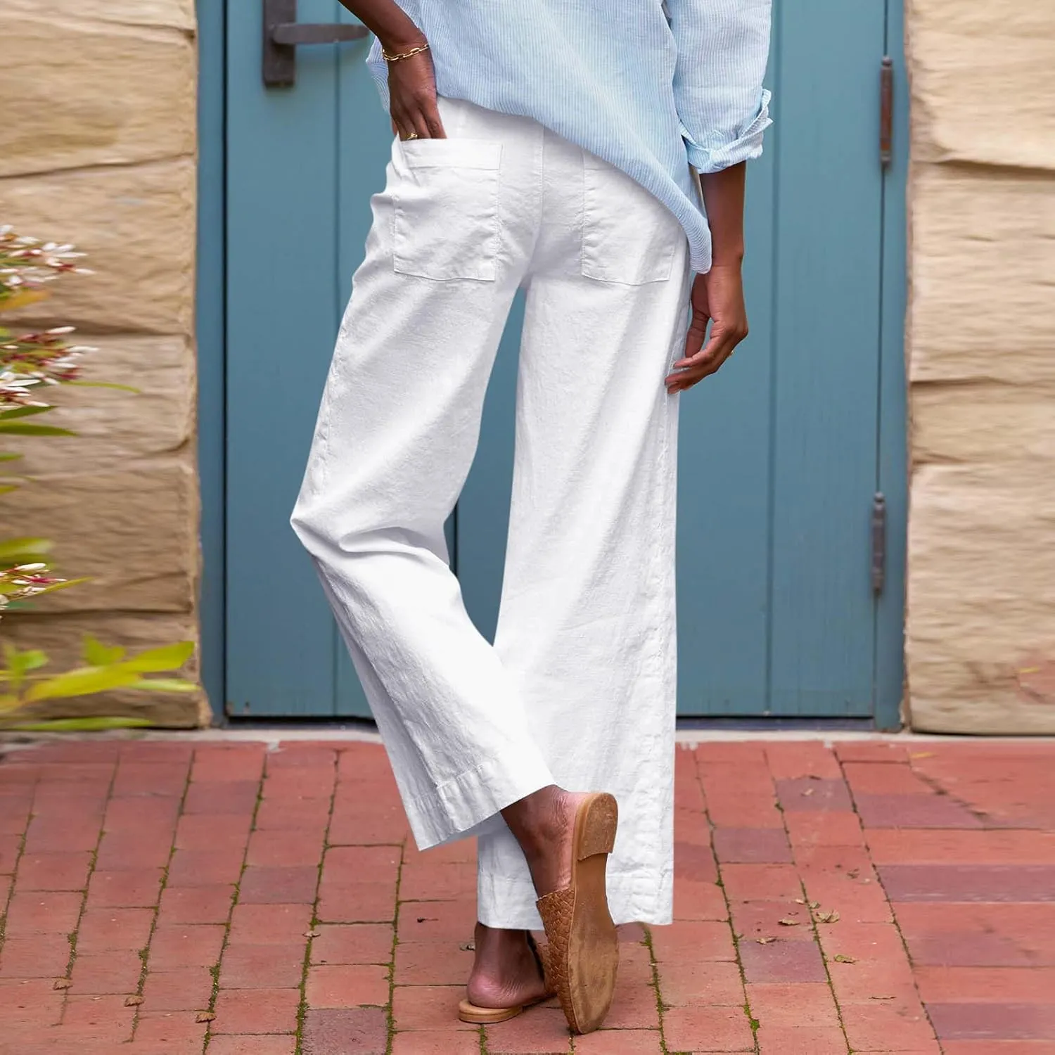 Cropped Linen Pants Women Summer Drawstring High Waisted Crop Palazzo Pants Dressy Casual Work Capris with Pockets