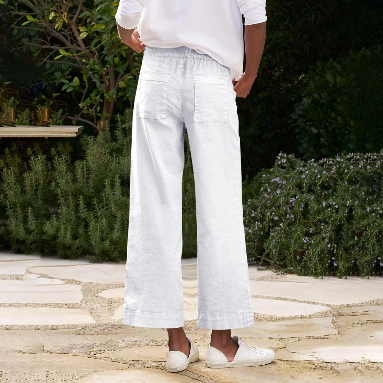 Cropped Linen Pants Women Summer Drawstring High Waisted Crop Palazzo Pants Dressy Casual Work Capris with Pockets