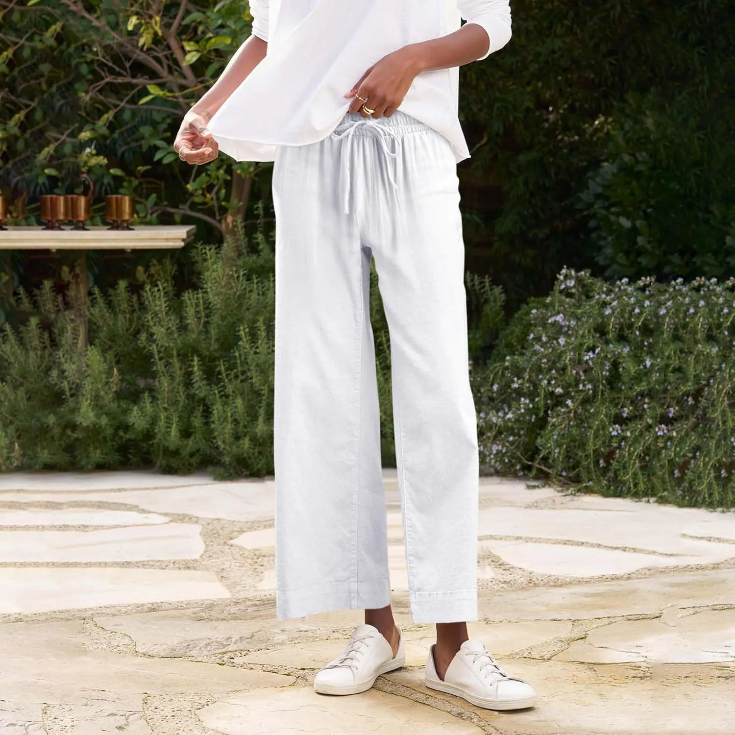 Cropped Linen Pants Women Summer Drawstring High Waisted Crop Palazzo Pants Dressy Casual Work Capris with Pockets