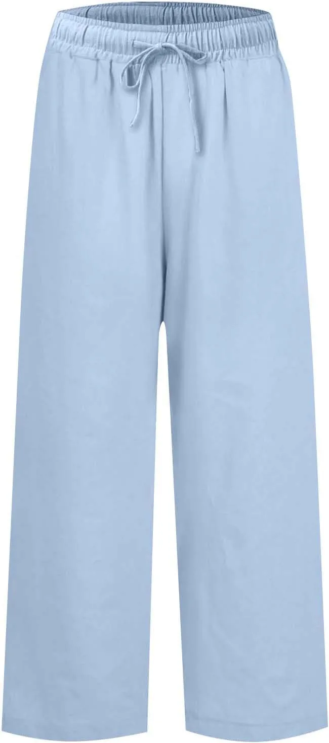 Cropped Wide Leg Pants for Women Drawstring High Waisted Linen Capri Pants Business Casual Work Slacks with Pockets