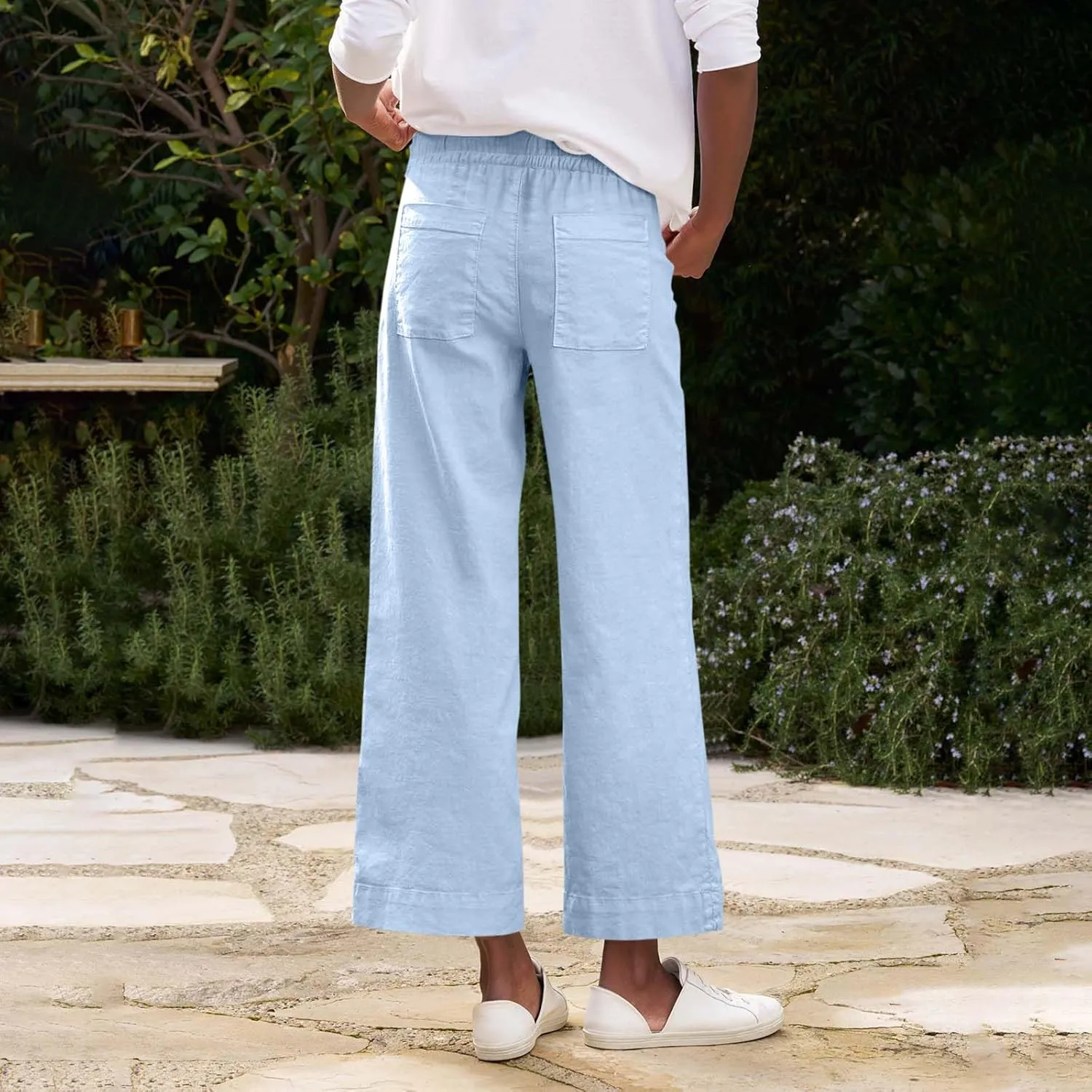 Cropped Wide Leg Pants for Women Drawstring High Waisted Linen Capri Pants Business Casual Work Slacks with Pockets