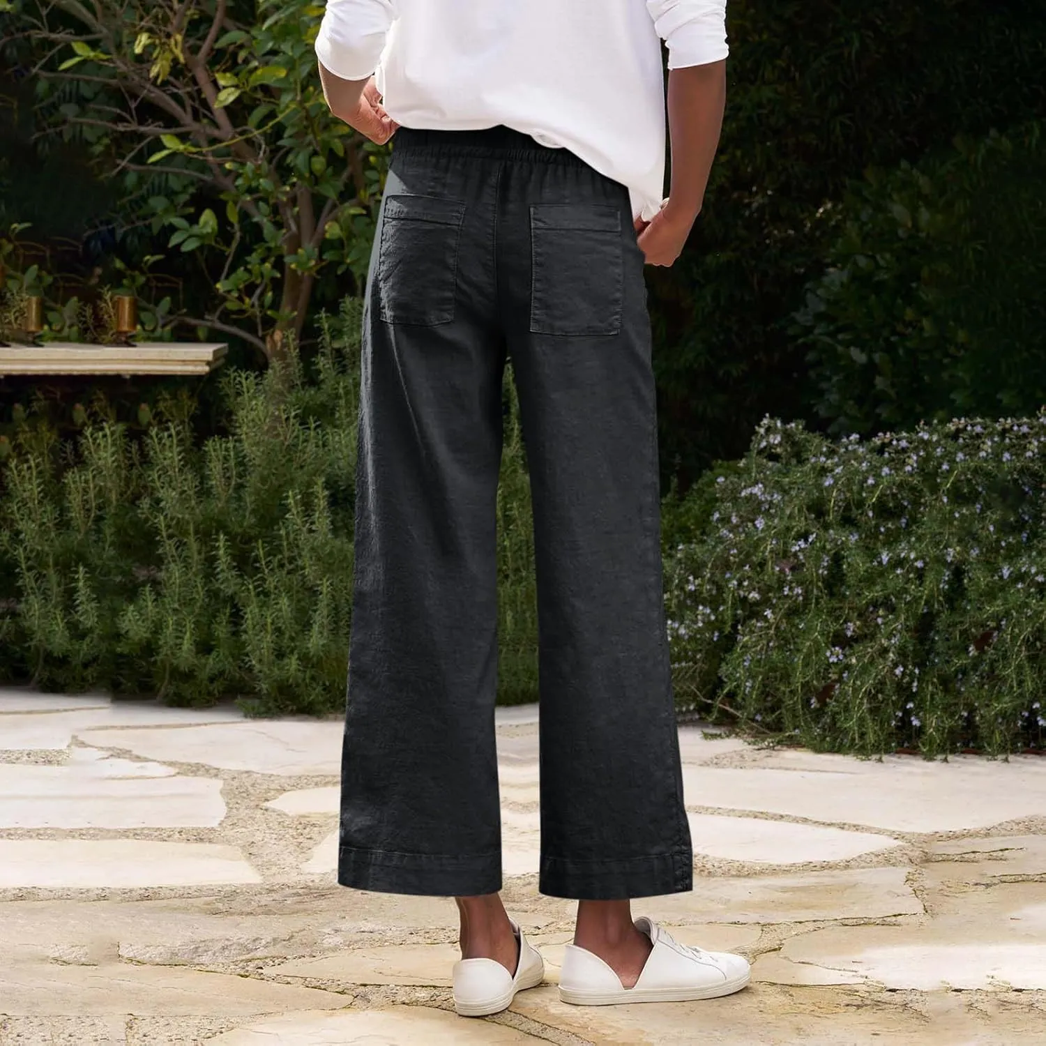 Cropped Wide Leg Pants for Women Drawstring High Waisted Linen Capri Pants Business Casual Work Slacks with Pockets