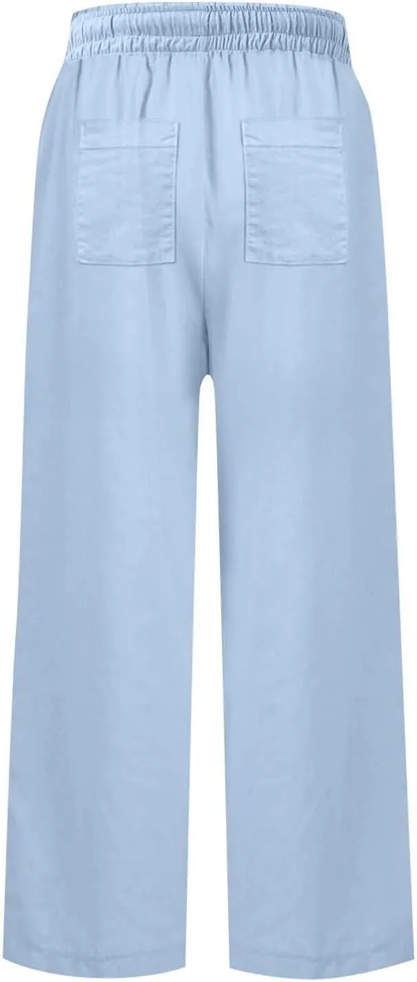 Cropped Wide Leg Pants for Women Drawstring High Waisted Linen Capri Pants Business Casual Work Slacks with Pockets