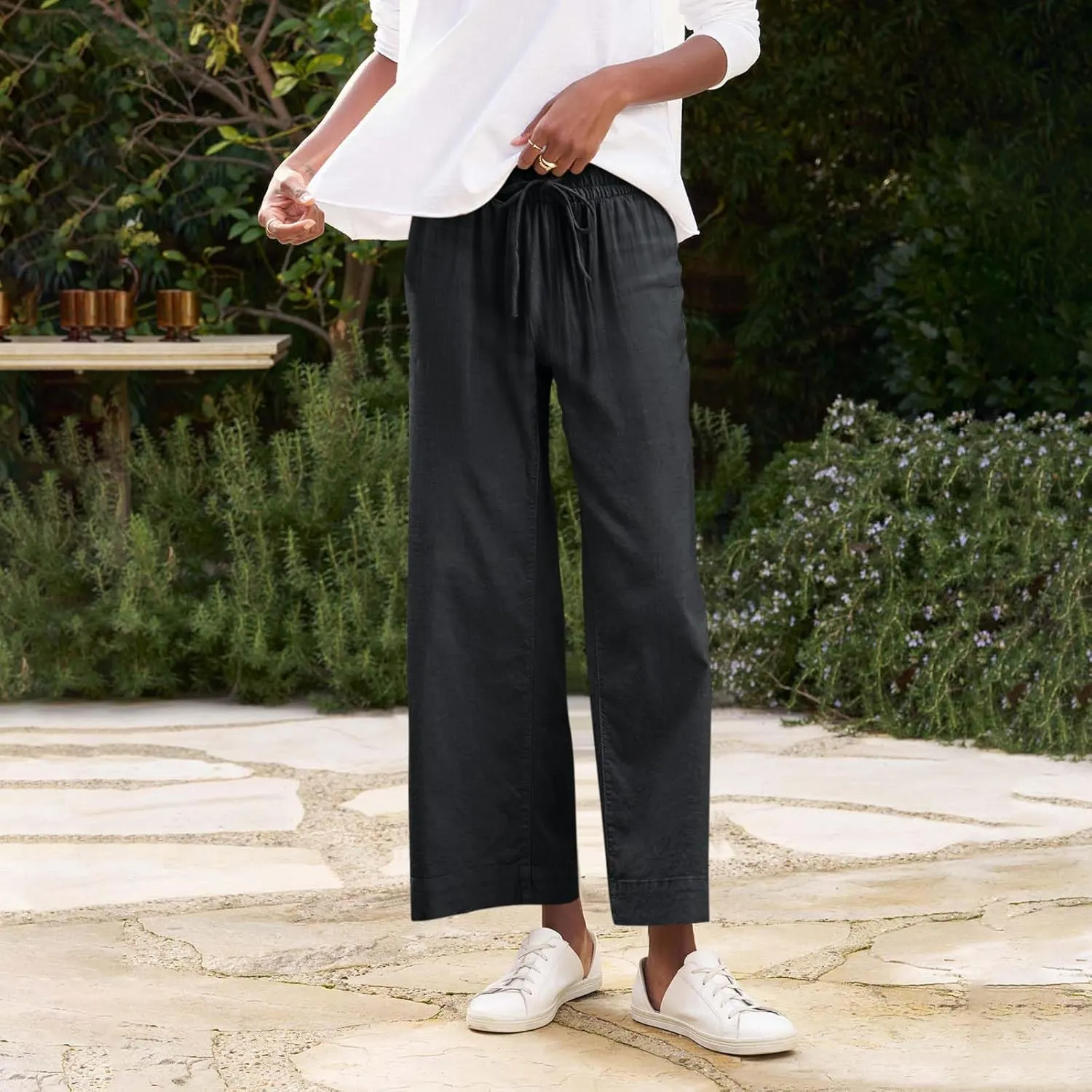 Cropped Wide Leg Pants for Women Drawstring High Waisted Linen Capri Pants Business Casual Work Slacks with Pockets