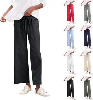 Cropped Wide Leg Pants for Women Drawstring High Waisted Linen Capri Pants Business Casual Work Slacks with Pockets