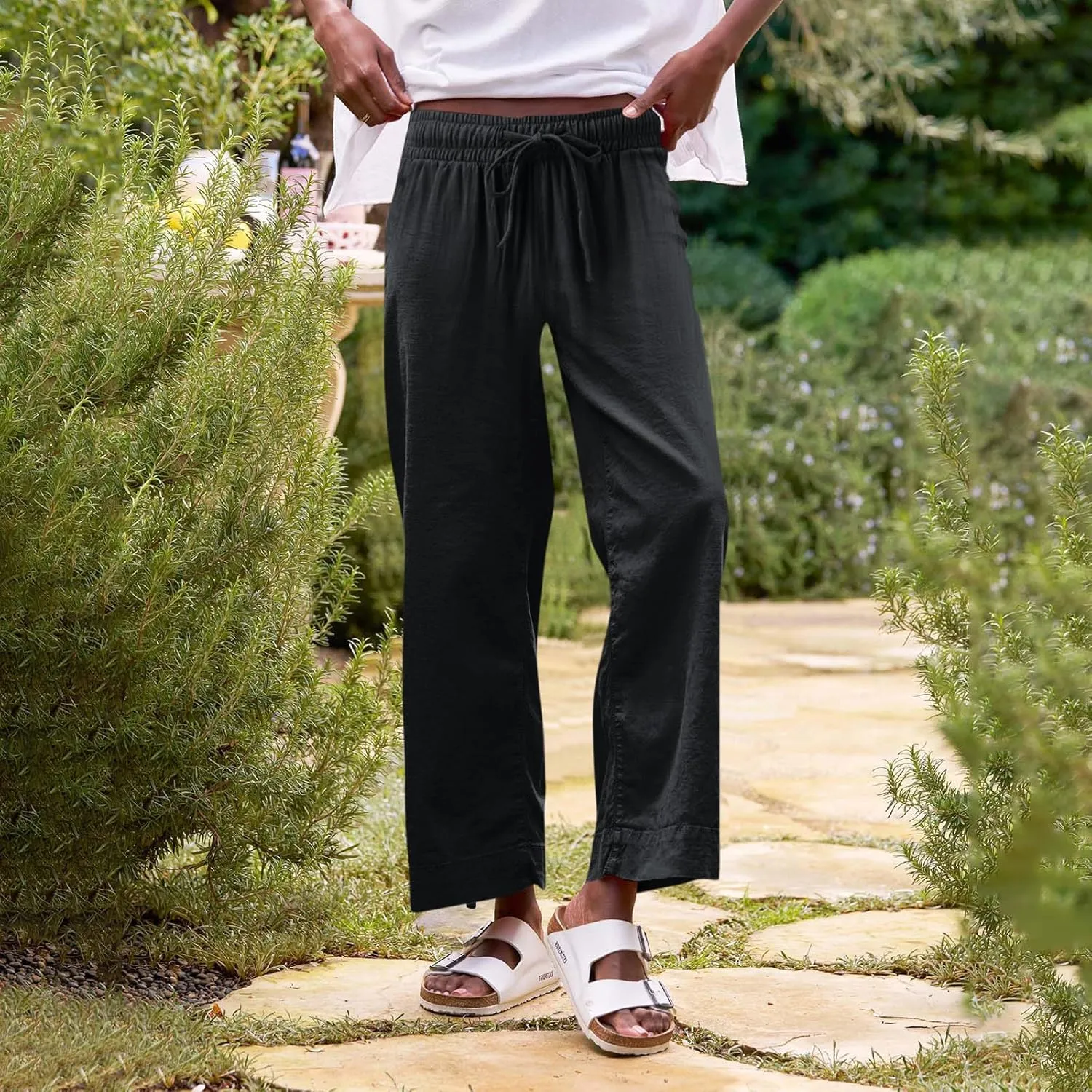 Cropped Wide Leg Pants for Women Drawstring High Waisted Linen Capri Pants Business Casual Work Slacks with Pockets