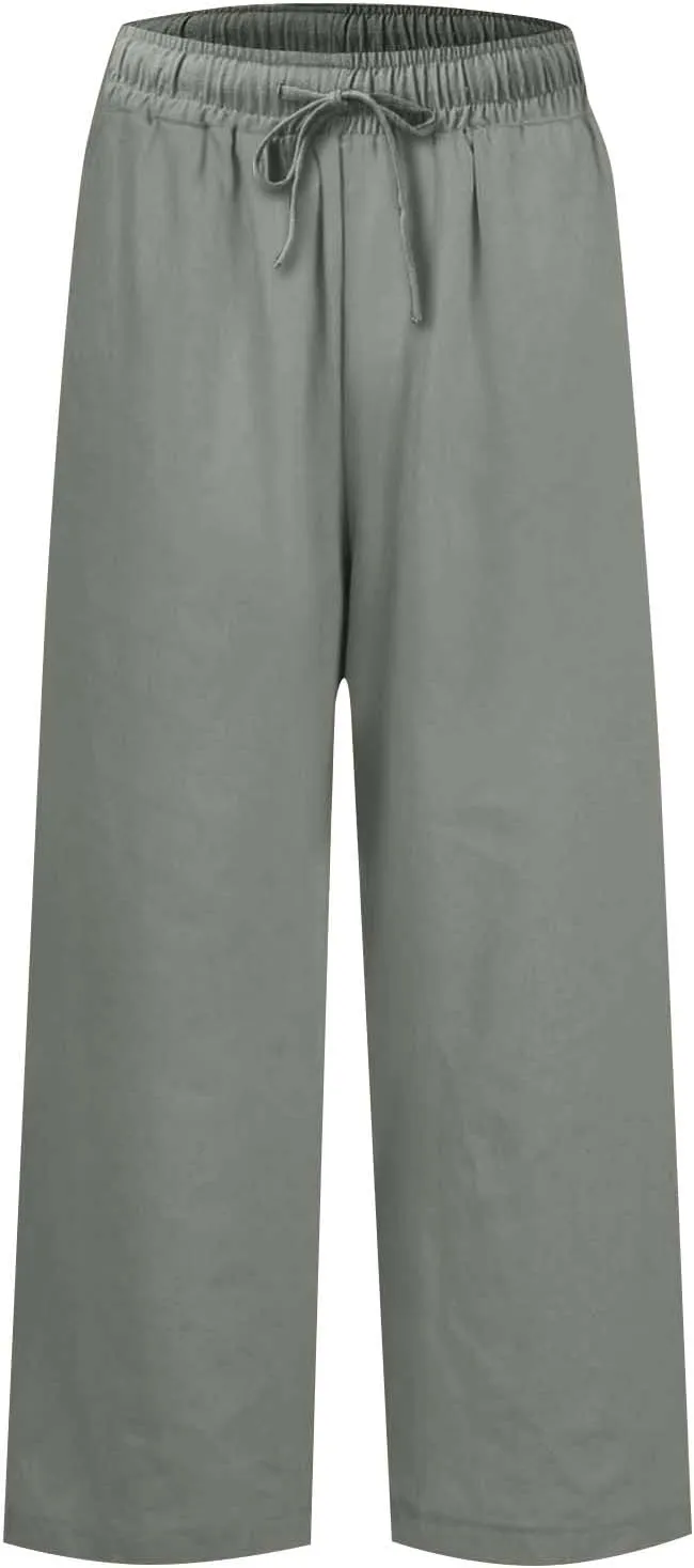 Cropped Wide Leg Pants for Women Drawstring High Waisted Linen Capri Pants Business Casual Work Slacks with Pockets