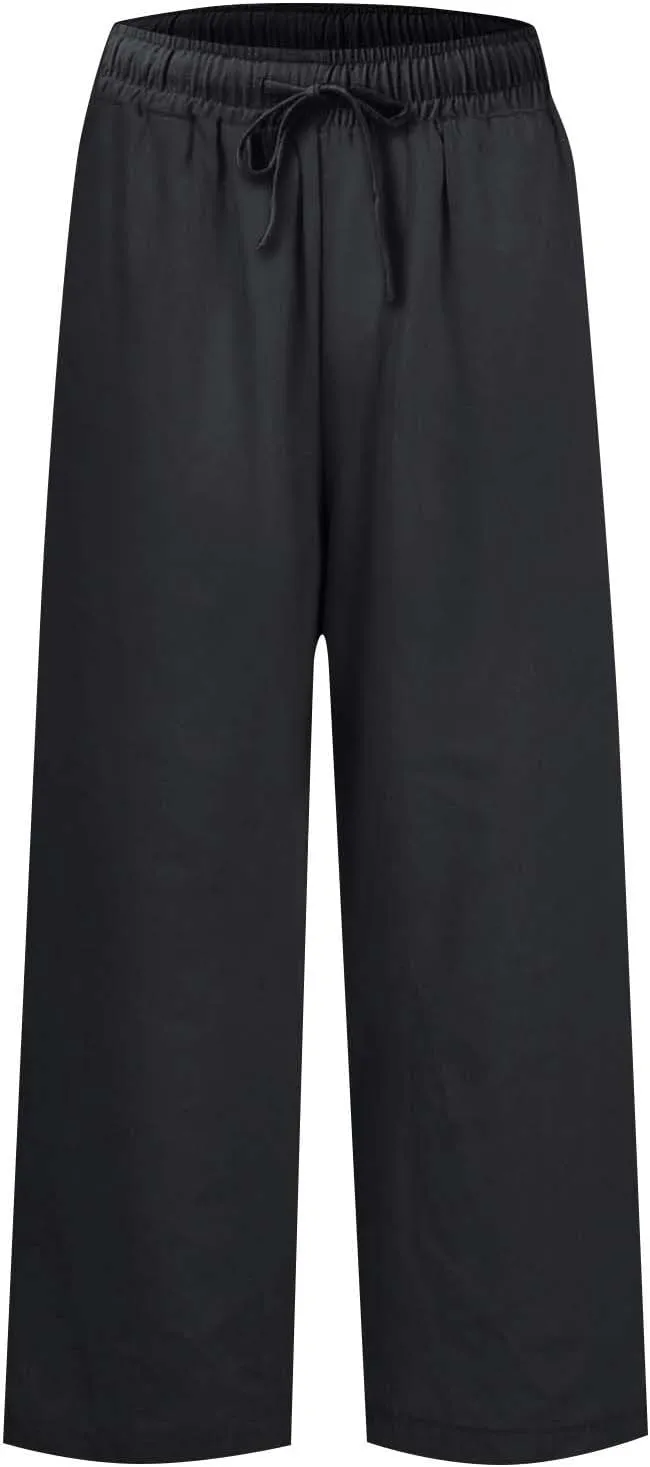 Cropped Wide Leg Pants for Women Drawstring High Waisted Linen Capri Pants Business Casual Work Slacks with Pockets