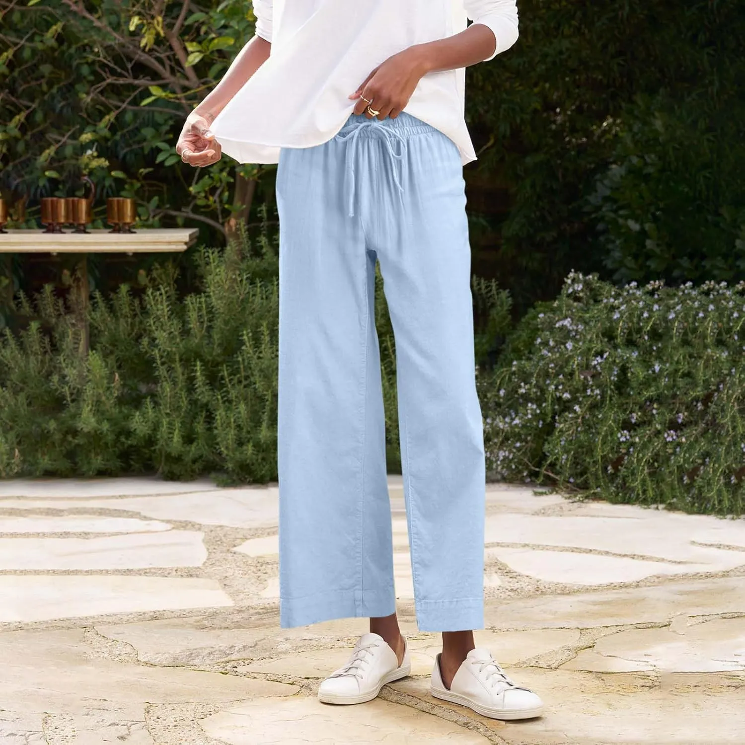 Cropped Wide Leg Pants for Women Drawstring High Waisted Linen Capri Pants Business Casual Work Slacks with Pockets