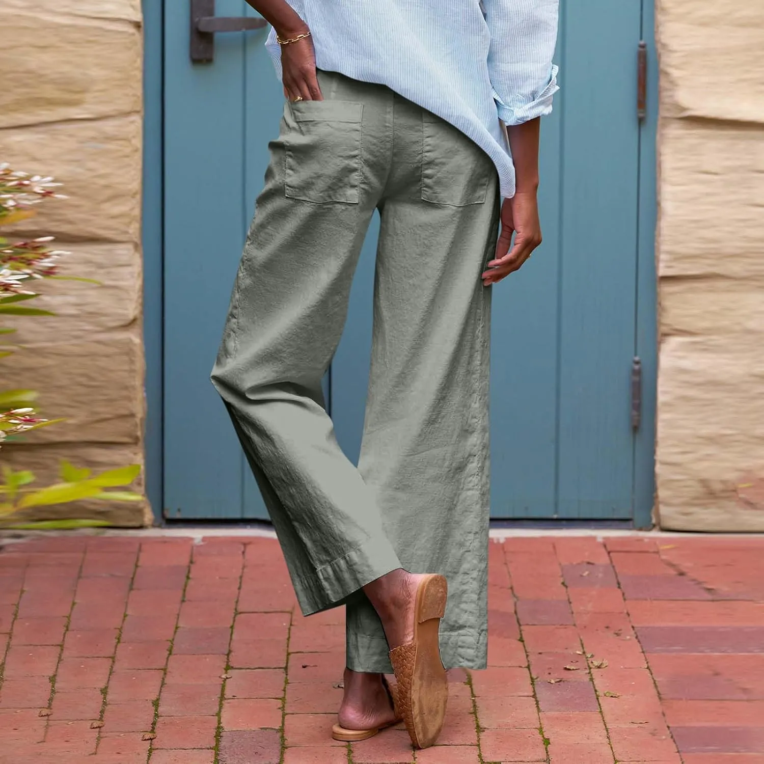 Cropped Wide Leg Pants for Women Drawstring High Waisted Linen Capri Pants Business Casual Work Slacks with Pockets