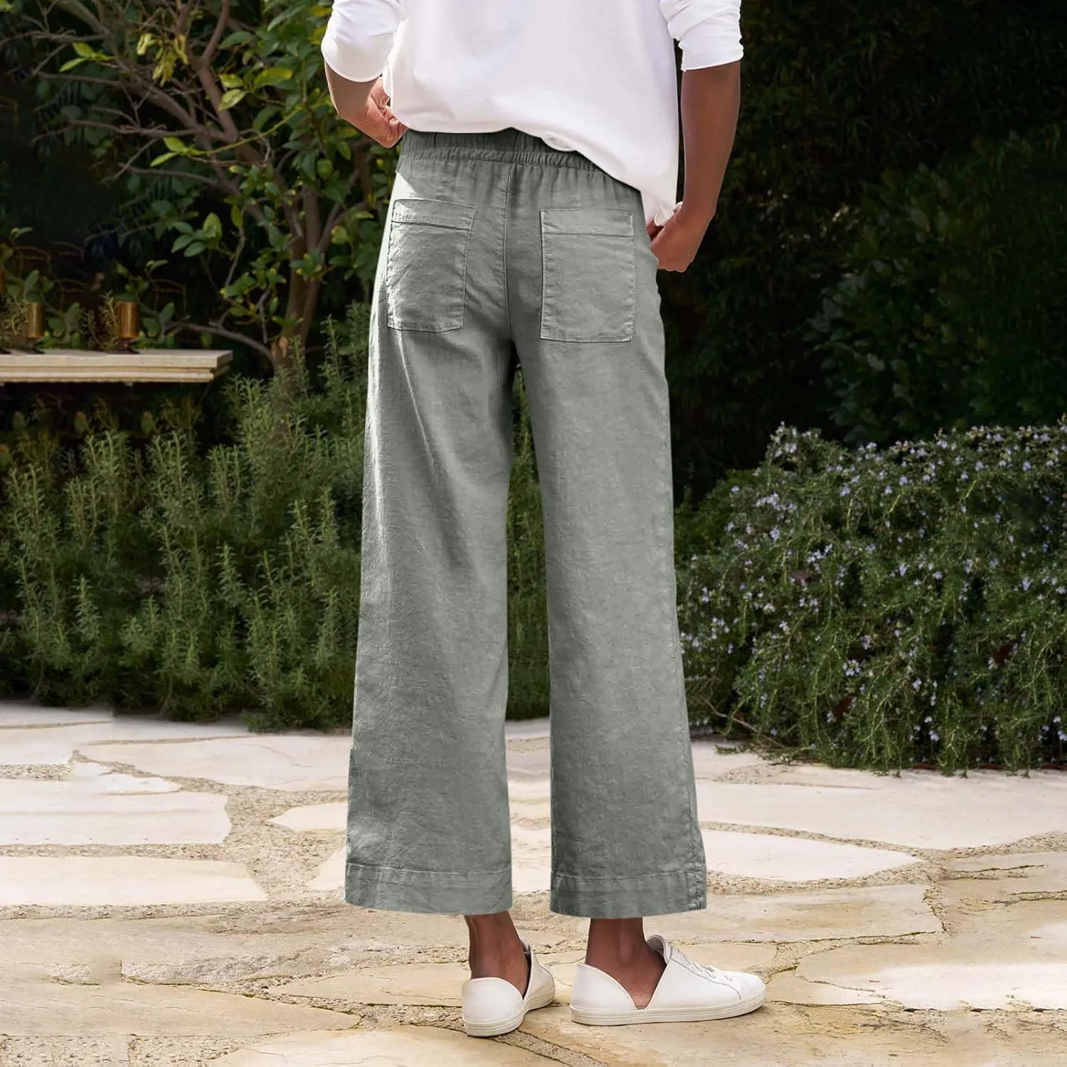 Cropped Wide Leg Pants for Women Drawstring High Waisted Linen Capri Pants Business Casual Work Slacks with Pockets
