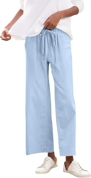 Cropped Wide Leg Pants for Women Drawstring High Waisted Linen Capri Pants Business Casual Work Slacks with Pockets