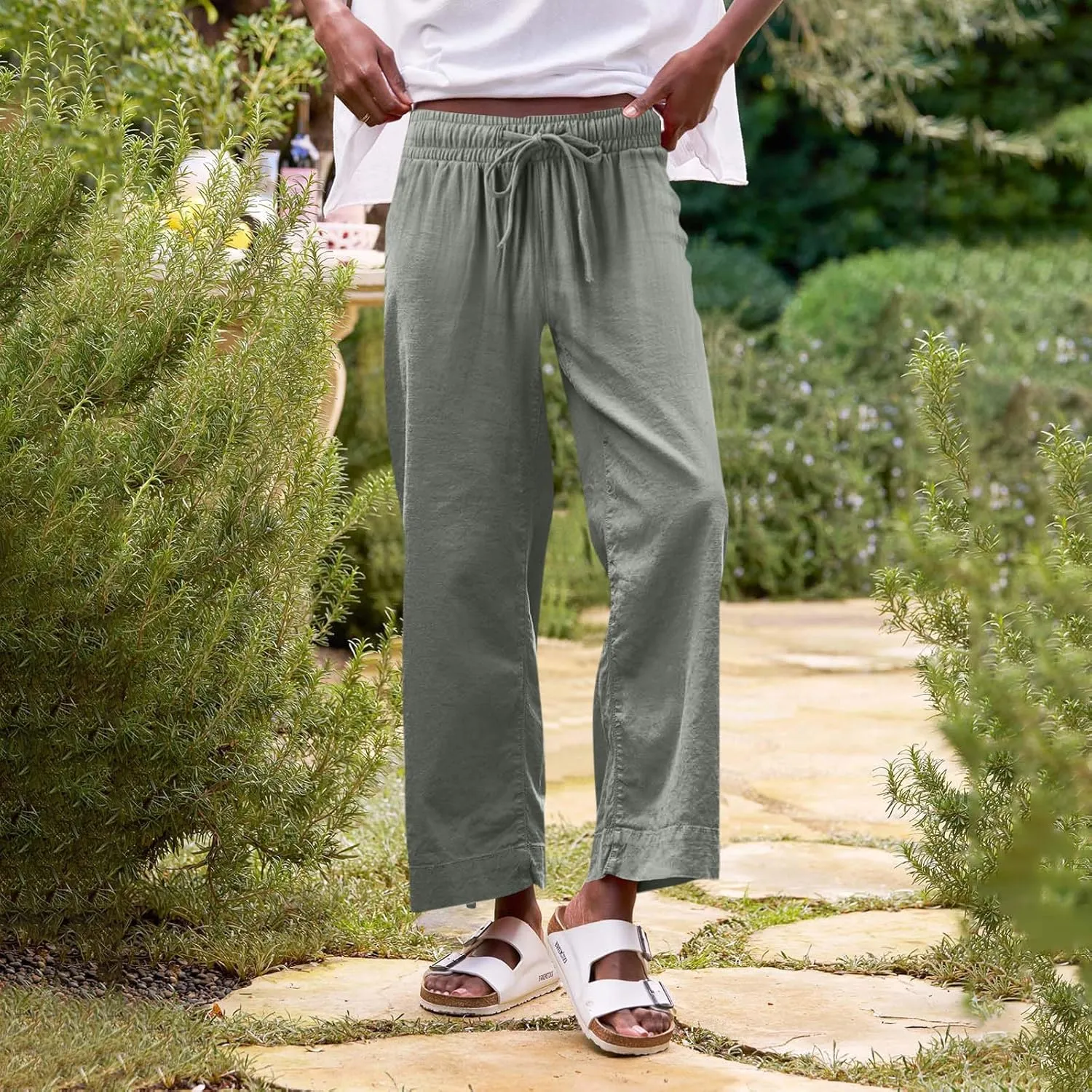 Cropped Wide Leg Pants for Women Drawstring High Waisted Linen Capri Pants Business Casual Work Slacks with Pockets