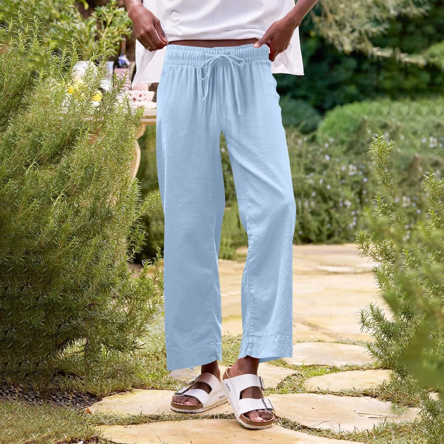 Cropped Wide Leg Pants for Women Drawstring High Waisted Linen Capri Pants Business Casual Work Slacks with Pockets
