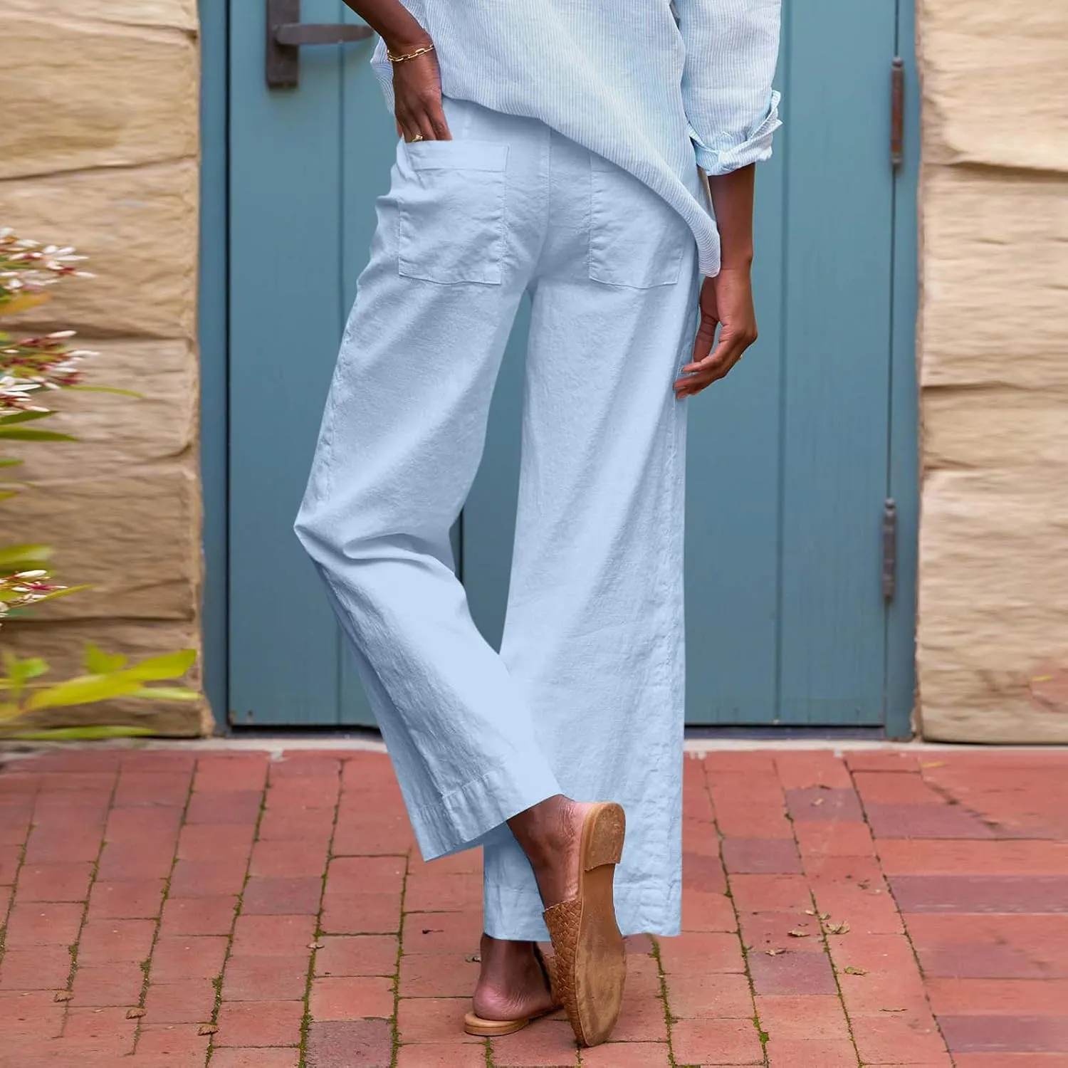 Cropped Wide Leg Pants for Women Drawstring High Waisted Linen Capri Pants Business Casual Work Slacks with Pockets