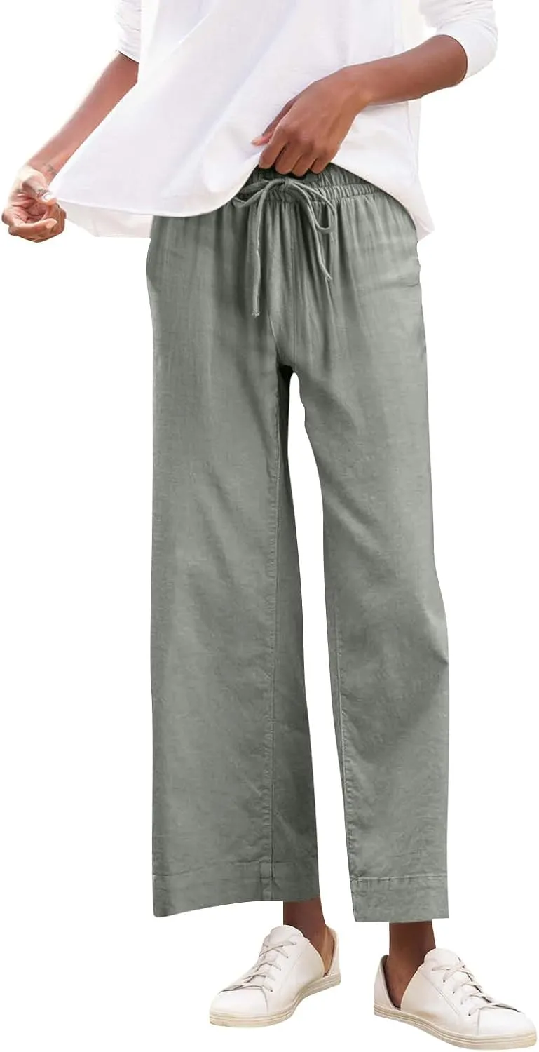 Cropped Wide Leg Pants for Women Drawstring High Waisted Linen Capri Pants Business Casual Work Slacks with Pockets