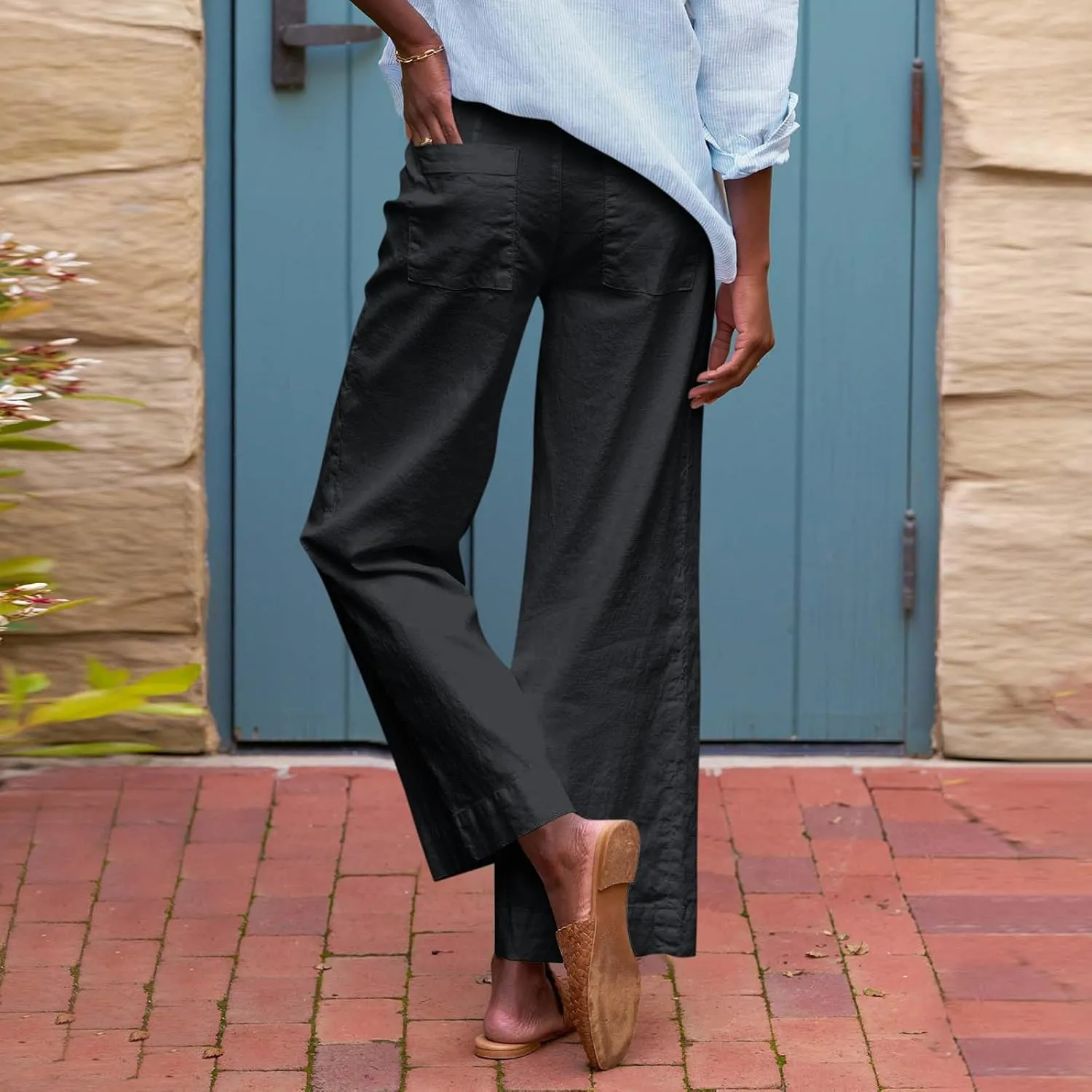 Cropped Wide Leg Pants for Women Drawstring High Waisted Linen Capri Pants Business Casual Work Slacks with Pockets