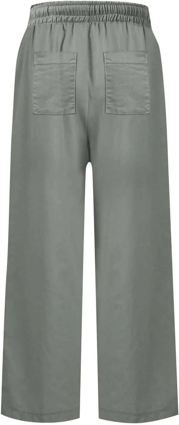 Cropped Wide Leg Pants for Women Drawstring High Waisted Linen Capri Pants Business Casual Work Slacks with Pockets
