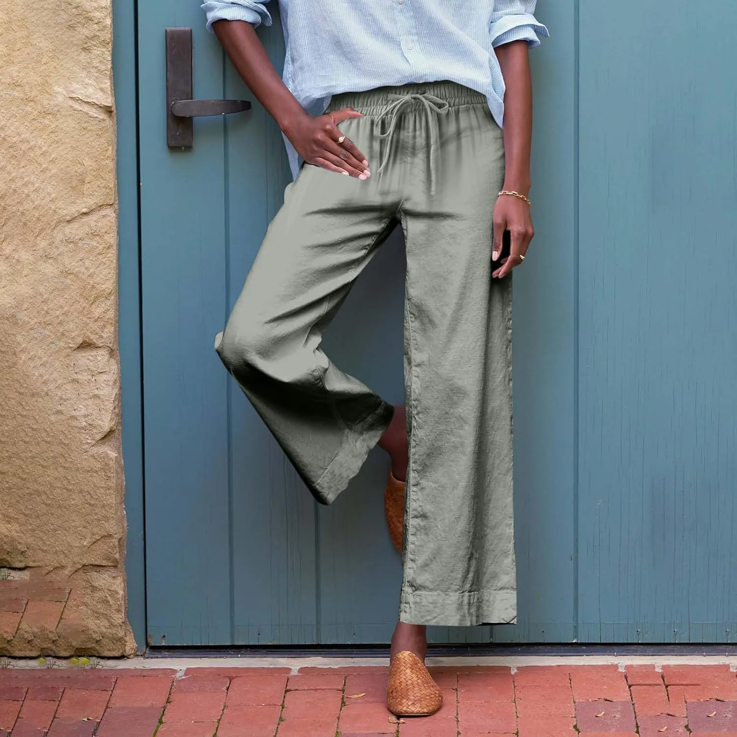 Cropped Wide Leg Pants for Women Drawstring High Waisted Linen Capri Pants Business Casual Work Slacks with Pockets