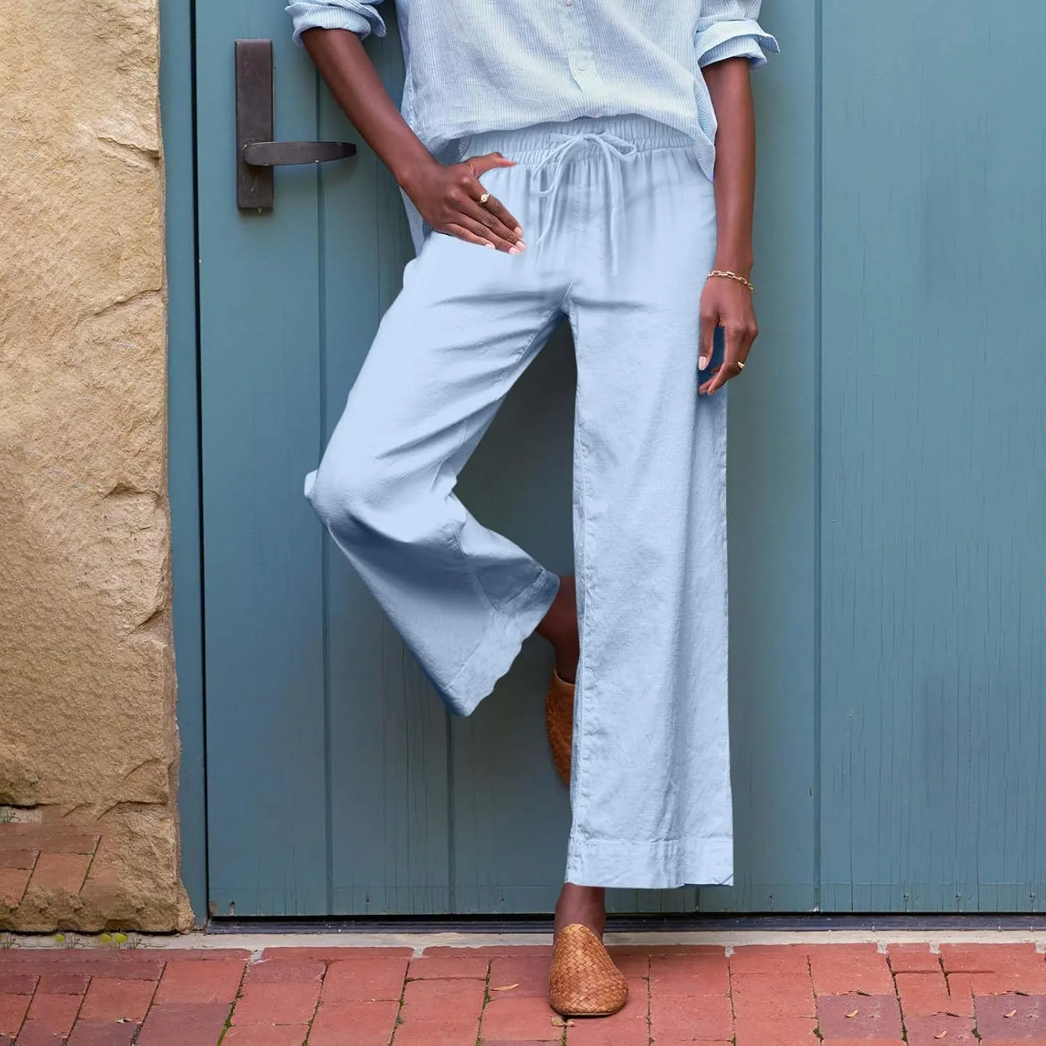 Cropped Wide Leg Pants for Women Drawstring High Waisted Linen Capri Pants Business Casual Work Slacks with Pockets
