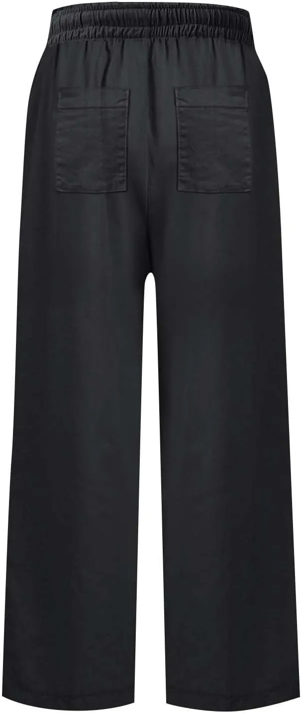 Cropped Wide Leg Pants for Women Drawstring High Waisted Linen Capri Pants Business Casual Work Slacks with Pockets