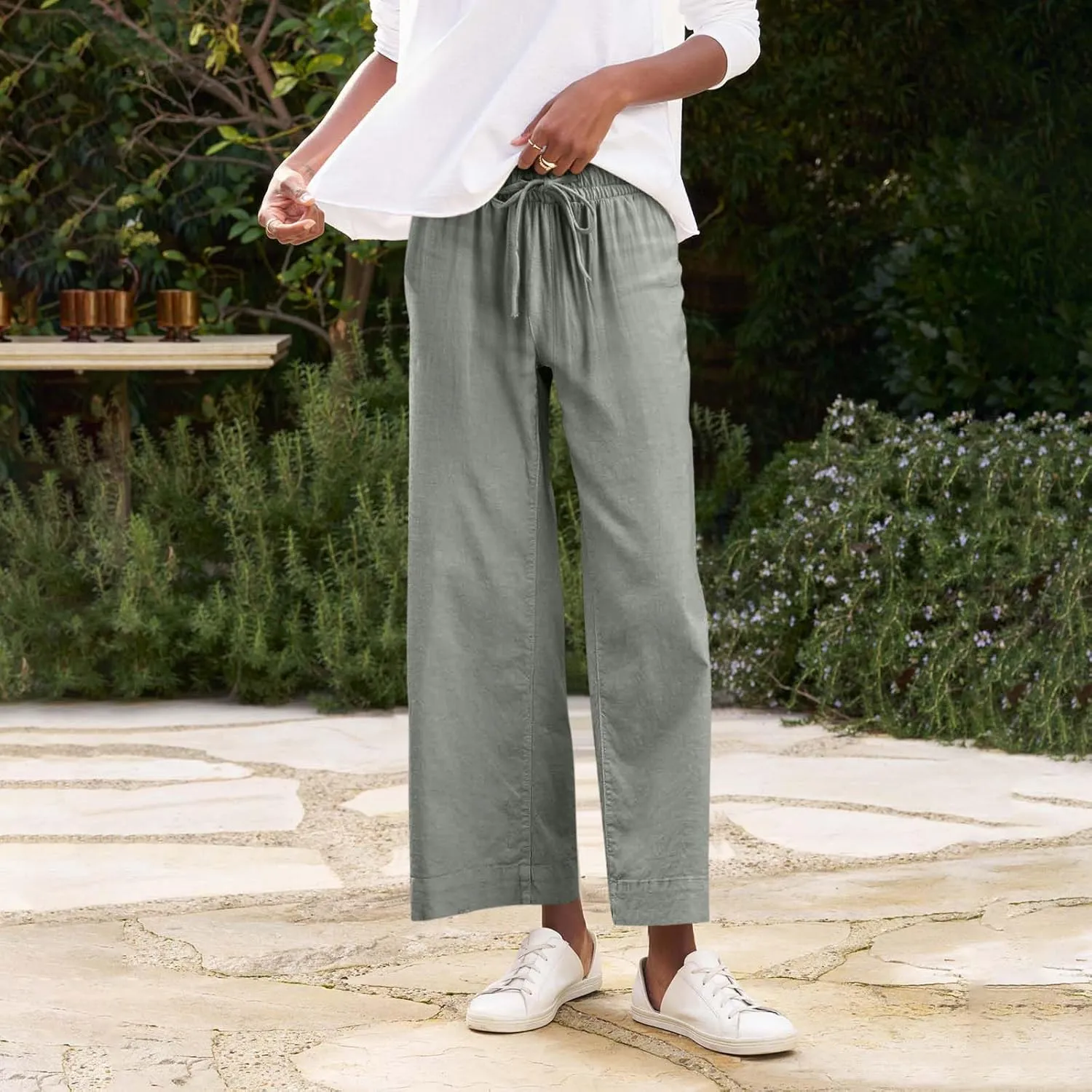 Cropped Wide Leg Pants for Women Drawstring High Waisted Linen Capri Pants Business Casual Work Slacks with Pockets