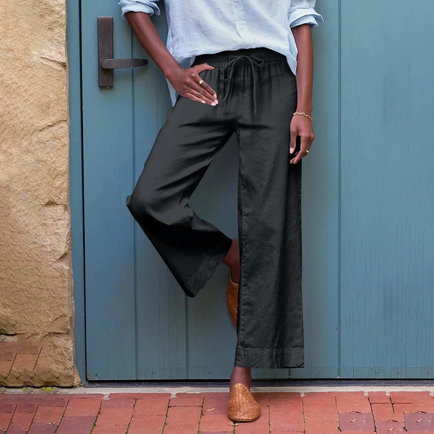 Cropped Wide Leg Pants for Women Drawstring High Waisted Linen Capri Pants Business Casual Work Slacks with Pockets