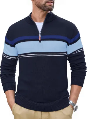 CRYSULLY Mens Sweater 1/4 Zip Cotton Polo Pullover Sweaters Casual Fall Winter Spring Striped Sweatshirts