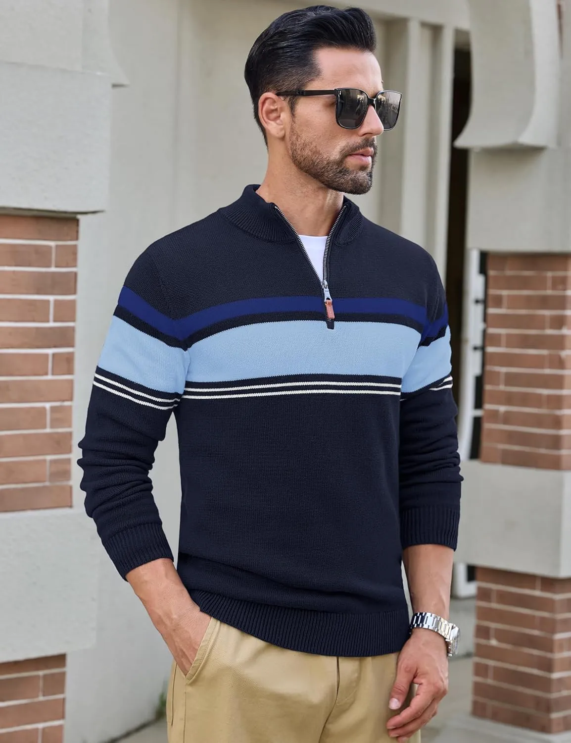 CRYSULLY Mens Sweater 1/4 Zip Cotton Polo Pullover Sweaters Casual Fall Winter Spring Striped Sweatshirts