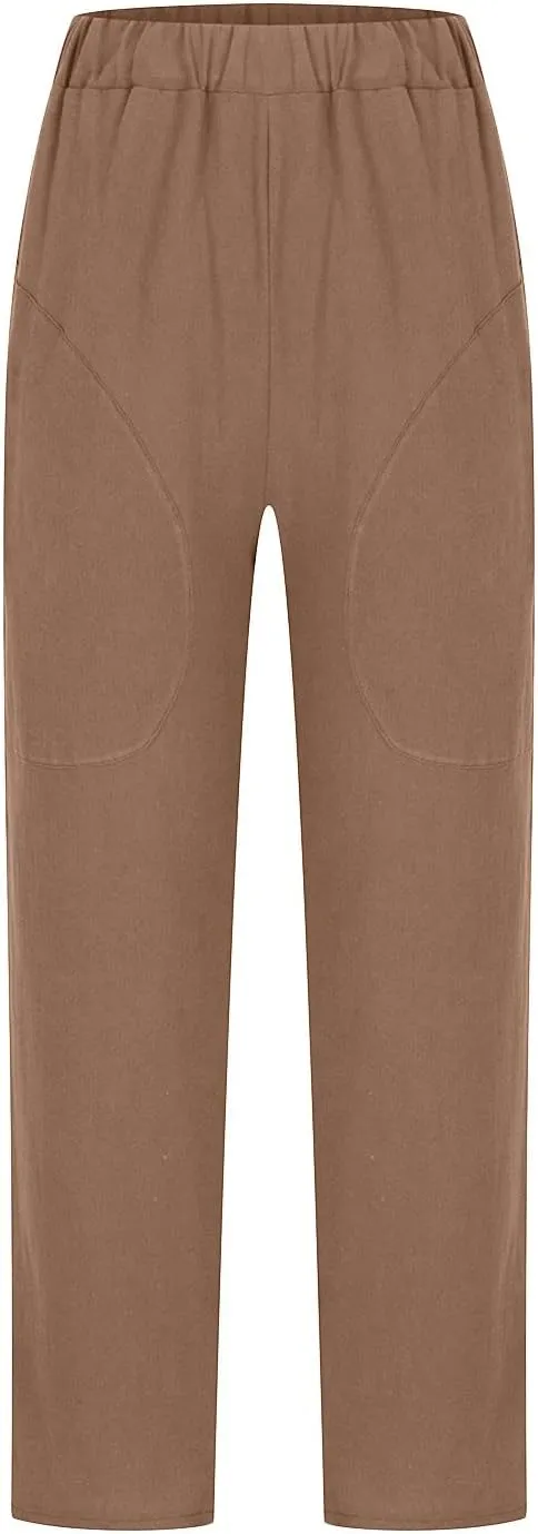 Ctreela Womens Straightstyle Plus Size Cotton Linen Pants Summer Baggy Wide Leg Lounge Trousers Elastic Waist Beach Outfits